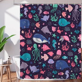 DuriLolly Kids Ocean Whale Shower Curtain Cute Cartoon Underwater Sea Animals Turtle Octopus Fish Seahorse Coral Funny Sealife Kids Bathroom Decor Curtain with Hooks Polyester Fabric 71x71 inch