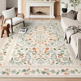 Lahome Floral Washable Area Rugs 8x10, Non-Slip Living Room Carpet Ultra-Thin Soft 8x10 Rugs for Bedroom Nursery, Vintage Botanical Print Carpet for Classroom Kids Room Dining Room, Beige