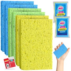 SOL 6pk Cellulose Sponge Highly Absorbent Kitchen Sponges, Household & Kitchen Sponge for Dishes, Bathroom & Sink, Reusable Kitchen Cleaning Sponges Safe for All Surfaces, Washing Up Sponge + Sticker