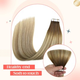 XDhair Tape-In Real Hair Extensions, Balayage, Dark Brown Faded to Ash Brown and Light Blonde, 20 Pieces, 50 g, 40 cm, Remy Real Hair Extensions, Silky Straight, Invisible Tape-Ins (#3/8/22-16)
