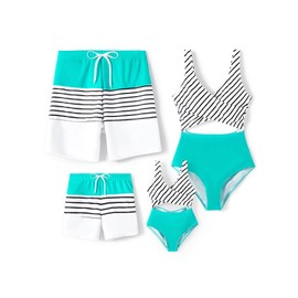 PATPAT Family Outfit Bikini Set, Striped, One-Piece Two-Piece Hawaiian Tropical Beach Bikini & Swimming Trunks, Swimsuits for Mother Daughter, Swimwear Bikini Briefs for Men, Women, Girls, Boys,