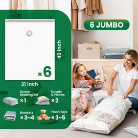 TAILI 6 Pack Vacuum Storage Bags, Jumbo Vacuum Seal Bags for Clothing (40x31 Inch), Space Saving for Bulky Bedding, Comforters and Blankets, Extra Large Closet Storage and Organization