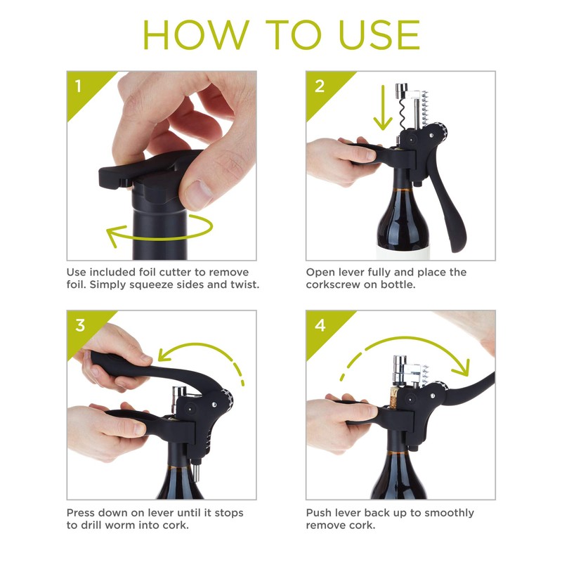 True Virtuoso Easy Lever Corkscrew Wine Opener Manual, Stainless Steel
