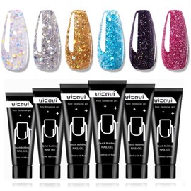 Glitter Poly Nail Extension Gel Kit, Nail Extension Gel, 6 Colours, Builder for Nails Art, Salon at Home, Quick Building Nail Extensions, Gel, 6 Pieces, 15 ml, Pink, Silver, Gold, Blue, Purple, Red