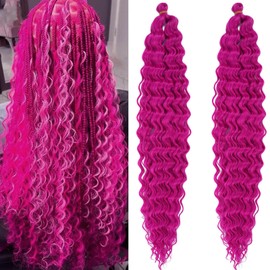 Magenta Ocean Wave Braiding Hair Deep Water Wave Crochet Hair Pink Curly Wavy Braiding Hair Pre Stretched Boho Curls Crochet Braids 24 Inch 2 Packs Synthetic Boho Hair for Braiding