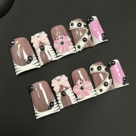 10 Pcs Handmade Duck Press on Nails Medium 3D Flower Fake Nails with Glue,with 3D Bow Black Rhinestone Designs Gradient False Nails Glossy Full Cover Artificial Acrylic Nail Press Ons for Women (S)