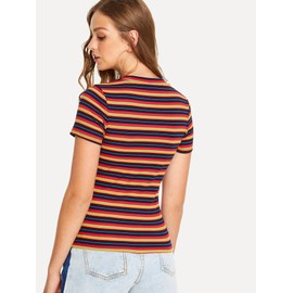 Milumia Women's Casual Multi Striped Ribbed Knit Short Sleeve Tee Knit Top Tshirt Multicolor Red X-Large