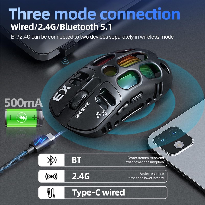 X3 Wireless Gaming Mouse with 70g Lightweight Hollowed Out Design
