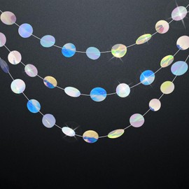 GCQQ 52Ft Iridescent Party Decorations, Holographic Circle Garlands, Sparkly Iridescent Hanging Streamers Garlands for Mermaid, Disco, Bachelorette Decor