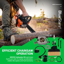 BlueStars MS230 MS250 Carburetor - Compatible with Stihl MS210 MS230 MS250 021 023 025 MS250C MS 230 MS 250 Chainsaw Carb 1123 160 1650 Air Filter Ignition Coil Fuel Line Tune Up Kit Walbro WT286