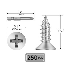 #8 x 1/2" 250 PCS Flat Head Sheet Metal Screws, Phillips Drive Self Tapping Screws, Stainless Steel Countersunk Head Wood Screws, Plain Finish, Screwdriver Bit Included