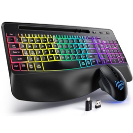 Hamile Ergonomic Wireless Keyboard and Mouse Combo, Wave Keys Full Size Keyboards with Wrist Rest for Natural Typing,Quiet Backlit Mice,Phone Holder,2.4G Wireless for Computer/Laptop/Windows/Mac,Black