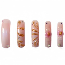 Curved Press on Nails Long Fake Nails with 5D Gold Flower Charm Design Glossy Ombre Pink White Stick on Nails Reusable Full Cover Glue on Nail Rhinestone False Nail for Women Girls Manicure 20Pcs
