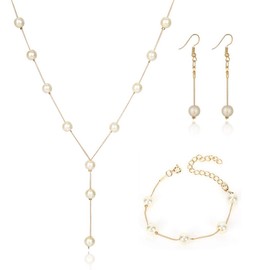 Shegirl Bridal Necklace Earring and Bracelet Set Faux Pearl Jewelry Set for Women Wedding Bridal Jewelry (Gold)