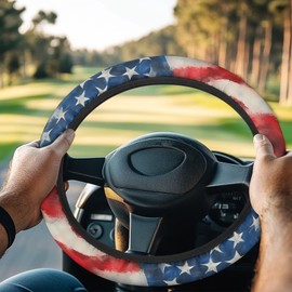 Qiyupavto American Flag Print Design Steering Wheel Cover for Golf Cart, Non-Slip Sweat-Absorbent Golf Cart Decoration Accessories Fit for Most Club Cars EZGO TXT