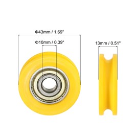 PATIKIL Nylon U Groove Bearings, 2 Pack 10x43.5x13mm U Type Groove Double Metal Roller Wheel Shielded GCr15 Chrome Steel Ball Bearings for Door Window, Yellow
