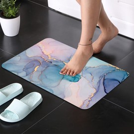 Super Absorbent Diatomaceous Earth Stone Bath Mat,Blue Green Gold Marble Quick-Drying Bathroom Carpets,Non Slip Bathtub Floor Mat，Easy to Clean, Simple Kitchen Doormat(Square 43×70cm)