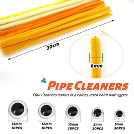 TOAOB 200pcs Pipe Cleaners Crafts Supplies Set Includes 100pcs Yellow Chenille Stems 100pcs Assorted Size Wiggle Googly Eyes for Craft DIY Art Supplies