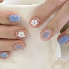 Short Press on Nails Square Cute Blue Nails Acrylic False Nails with White Flower Full Cover Design Artificial Fake Nails Summer Reusable Gel Stick on Nails for Women and Girls