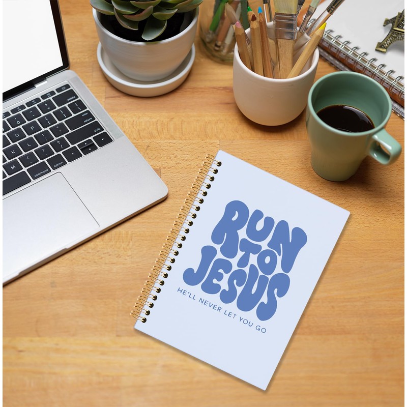 KRHFG Blue Christian Spiral Notebook, Run to Jesus Bible Verse
