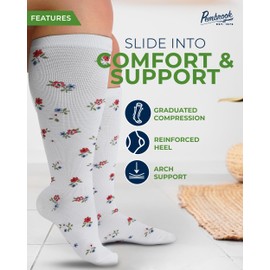 Pembrook 3 Pairs Plus Size Compression Socks Wide Calf - 15-20 mmHg Bamboo Viscose Extra Wide Calf Compression Socks Women, Compression Socks for Women Plus Size, Little Flowers