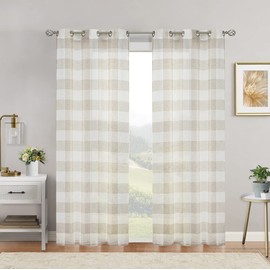 Bapawfish Buffalo Plaid Check Beige Sheer Curtain Panels, Gingham Grommet Top Farmhouse Style Window Treatment, for Bedroom & Living Room, 2 Panels, 40"x84"x2, Tan