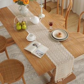 Meioro Camino de mesa de encaje de ganchillo, 12 x 78 pulgadas, estilo bohemio de algodón con borlas, decoración de mesa rústica de granja de 78 pulgadas de largo, decoración de mesa tejida de malla