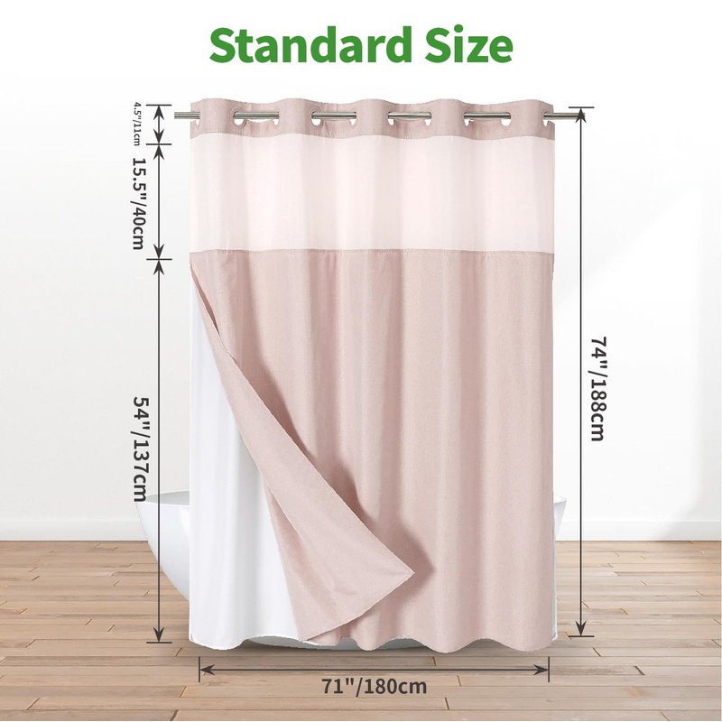 eachope No Hooks Needed Linen Textured Shower Curtain with Snap-in