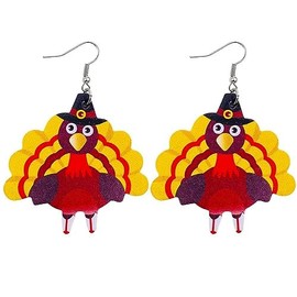 Thanksgiving Earrings Fall Pumpkin Turkey Squirrel Pine Cone Double-Sided Printed Leather Earrings Drop Dangle Earrings Autumn Cute Funny Jewelry Gift For Women （Yellow Turkey）