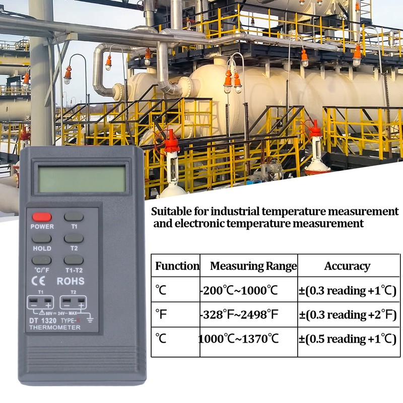DT1320 Digital Thermometer 200℃~1370℃ Measuring Range LCD Display Temperature Meter