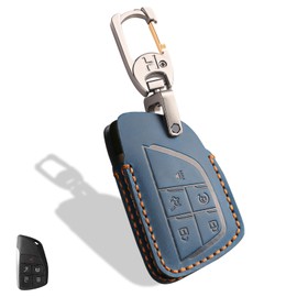 Aoocar Leather Key Fob Cover, Compatible with 2021-2025 2026 GMC Yukon Denali Sierra, For Chevy Silverado Suburban Tahoe Buick etc, Retro Style Design Key Holder Protector(5 Button, Blue)