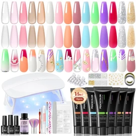 PEACECOLOR Poly Nägel Gel Set mit U V Nagellampe, Poly Nagelgel Set Nail Extension Gel 15 Farben Nagelverlängerung Starter Kit mit Unterlack Glänzend & Matt Überlack Geschenk für Frauen