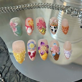 ONPRESS 30Pcs Flower Press On Nails Medium Almond Fake Nails With Colorful Floral Design False Nail Ice Flower Yellow Blooming Purple French Tip Glue on Nail Nude Acrylic Nails For Women Manicure