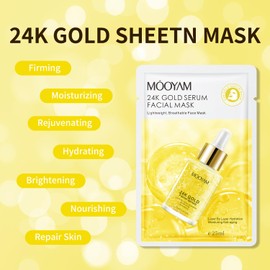 BYOTOUTY 24k Gold Serum Face Masks Skincare Pack of 10, Hydrating Face Masks, Overnight Facial Masks for Women Skin Care, Firming, Moisturizing, Nourishing, Face Sheet Mask for All Skin Type