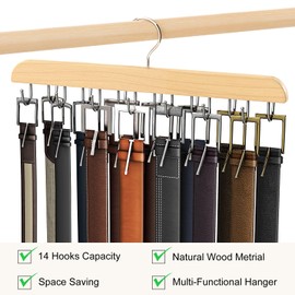 Resovo Belt Hanger for Closet, Sturdy Wood Belt Rack Closet Accessories with 14 Hooks Belt Organizer for Closet Organizers and Storage Max 42 Belts-Wood 1 Pack