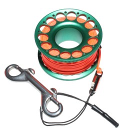 DIVETEC 98FT SCUBA DIVING REEL: Aluminum Finger Spool with Stainless Steel Double-End Bolt Snap, Bright Color Nylon Line, Large Center Hole, and Easy to Hang Buckle for Wreck and Reef Diving (GREEN)