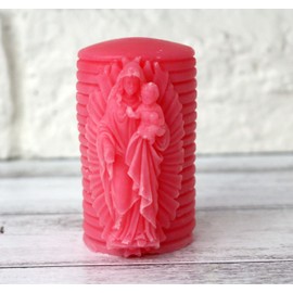 2pc Elegant Ivory Pink Our Lady Guadalupe Jesus in Arms Virgen de Baptism Communion Confirmation Cirio Paschal Easter Lent Single Gift Favor Devotional Candle Display Home Office (Pink)