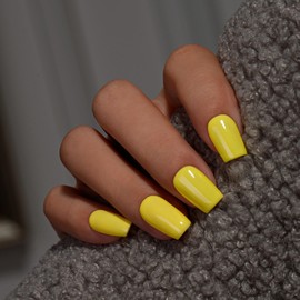KQueenest Bright Yellow Press On Nails Medium Square - Acrylic Press On Nails Short Coffin, Sheer Light Yellow Fake Nails with Glue, Glossy Opaque, Reusable Soft Gel Glue on Nails for Women, 28 Pcs