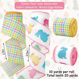 FYSUIMU Easter Wired Edge Ribbon Colorful Plaid Rabbit Fabric Ribbon Check Rabbit Craft Ribbon for Spring Wreath Bow DIY Crafts, 2 Roll, 20 Yards