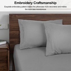 Lirex Pillow Cases (2 Pack), 1800 Thread Count Embroidered King Size Soft Brushed Microfiber Pillowcases, Machine Washable Wrinkle Free Breathable, Grey, King (50x101 cm)