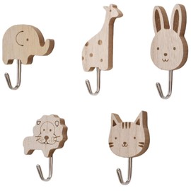 Wooden Animal Wall Hooks, 5pcs Animal Theme Decorations Hook Cats, Lions, Rabbits, Giraffes, Elephant Shape Hooks Wood Hook for Kids Room Nursery Bedroom Decor