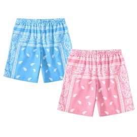 Eymitory Boy's 2 Pack Summer Boho Paisley Print Shorts Kids Drawstring High Waisted Graphic Bandana Shorts with Pockets
