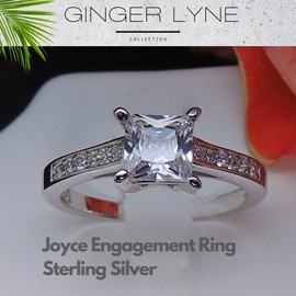 Joyce Engagement Ring for Women by Ginger Lyne | Princess Cut 4.5 Ct Cubic Zirconia Sterling Silver Wedding Ring for Her | Square Faux Diamond for Travel or Promise