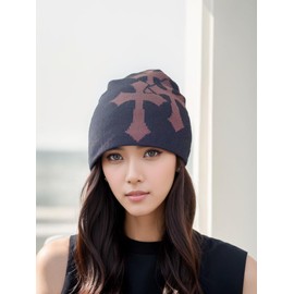 Y2K Knitted Beanies Hat Cross Graphics Men Women Jacquard Hat Punk Solid Color Hat Outdoor Sports Trend Beanie (Black-Coffe,one Size,One Size)