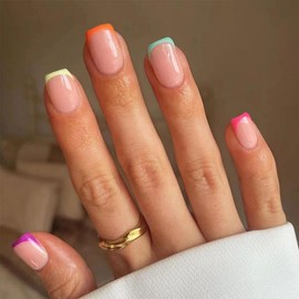 Colorful False Nails - 24pcs Press on Nails Short - 12 Sizes Spring Summer Pastel Stick on Nails - Glossy Removable Full Cover Fake nails with Glue for Women Girls