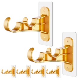 6-Pack No Drill Double Curtain Rod Bracket, Adhesive No Drilling Curtain Rod Holder Hooks, No Screw Sticky Curtain Brackets Hangers for Home Kitchen, Bathroom, Living Room - Gold
