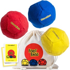 Covelico Footbag Hacky Set of 3 for Kids, Teens & Adults. Yellow, Blue & Red Sack - Each 2.28 inch, 1.6oz, Durable Dual Layered Synthetic Suede, Instructions & Stylish Bag, Solo or Group Footbag Game