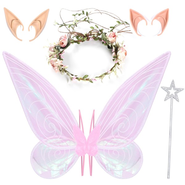 Tacobear Fairy Wings Butterfly Wings with Pixie Elf Ears Flower Crown Headband Carnival Party Halloween Costume Cosplay Accessories Angel Wings Fairy Costume Dress Up for Kids Girls Women (Pink)