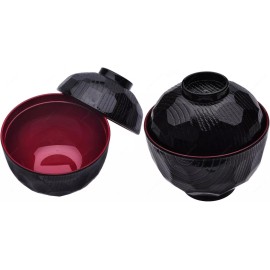 JapanBargain 4 Pack Plastic Lacquered Miso Soup Rice Bowl with Lid Made in Japan 1904x4