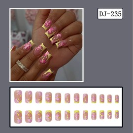 24Pcs Yellow French Tip Press on Nails Medium Square Fake Nails with Designs Cute Flower Acrylic Nails Kit Spring Summer Stick on Nails Reusable Nude Pink Glue on Nails for Women Manicure Supplies